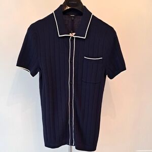 Men's Express Navy Knit Short Sleeve Button Down Shirt NWT